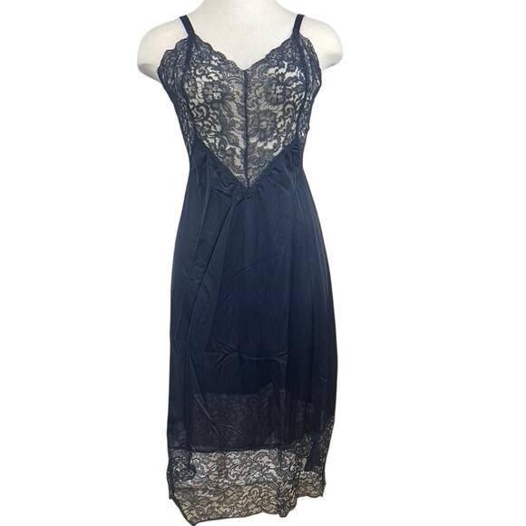 Vintage 70s EARLY BIRD LINGERIE Womens (36) Navy‎ Blue 70s Nylon Lace Slip Dress - Picture 1 of 6